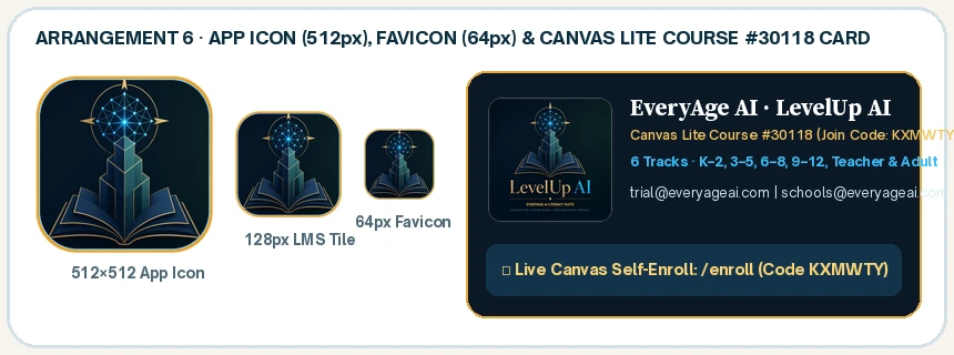 Arrangement 6: 512px App Icon, 128px LMS Tile, 64px Favicon & Canvas LMS Course Tile